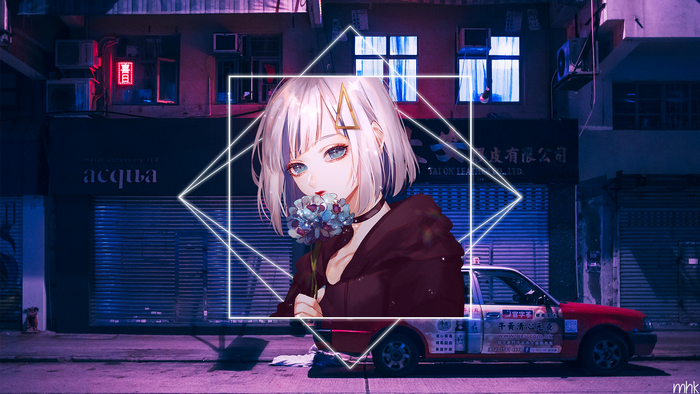 Anime girl with flowers in front of a city street at night