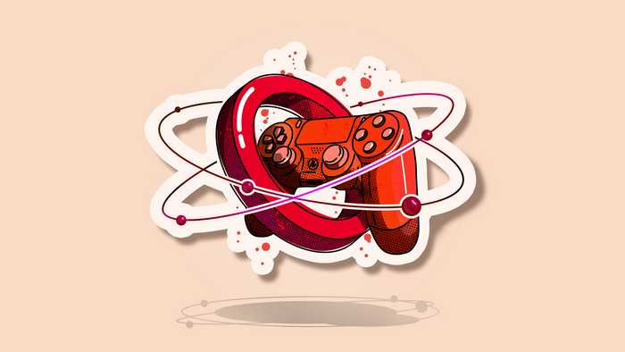 Red PlayStation DualShock 4 controller with atomic orbits