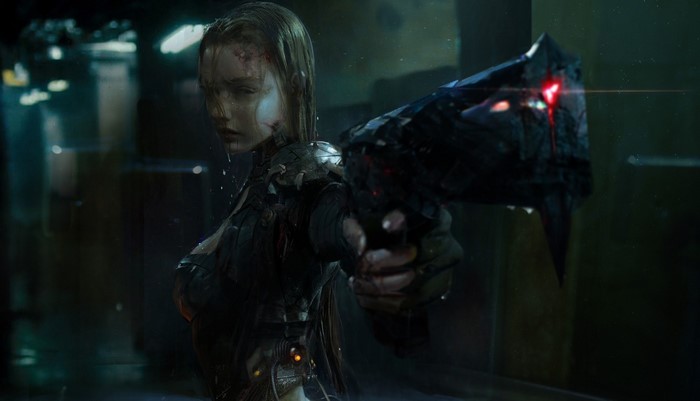 Cyberpunk woman with gun in the rain