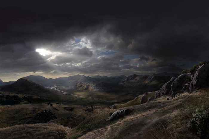 Digital painting of a valley with mountains and sun rays