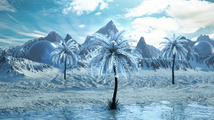 Frosty palm trees in a snowy mountain landscape with blue spheres