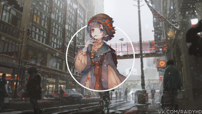 Anime girl in a circular frame on a snowy city street