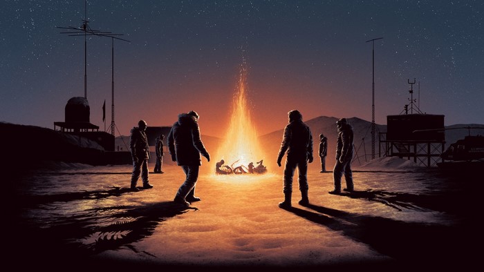Science fiction artwork of people around a campfire