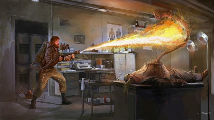 Man with flamethrower fighting creature from The Thing