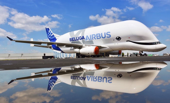 Airbus Beluga XL aircraft reflected in water