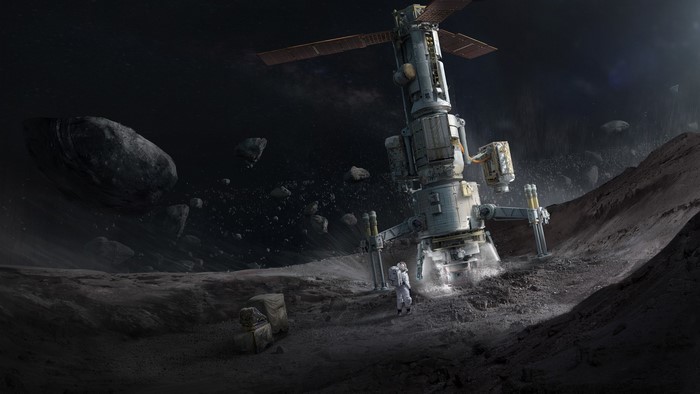 Astronaut on a desolate planet with a space station