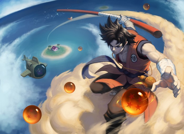 Son Goku from Dragon Ball with Dragon Balls and Nimbus
