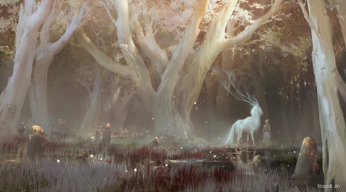 Fantasy forest with a white stag and figures