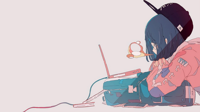 Anime girl with laptop and plush toy