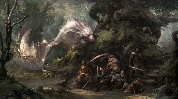 Dragon and warriors in a forest