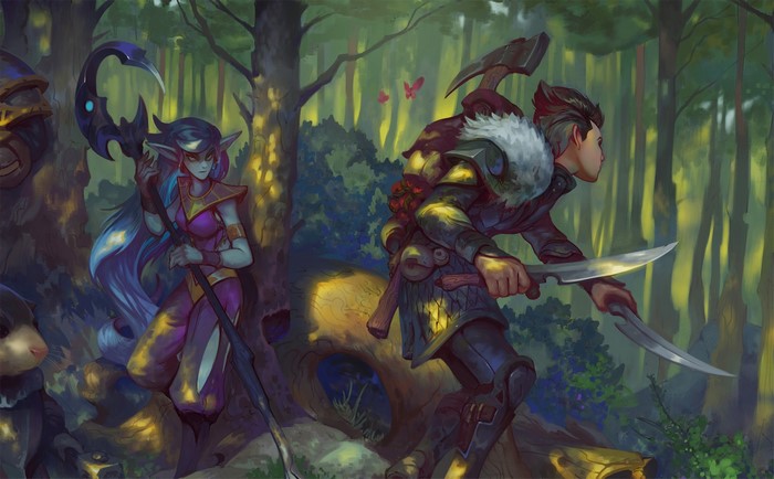 Elf mage and warrior with swords in forest
