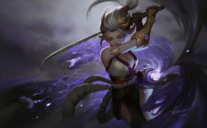 Warrior with sword and purple energy