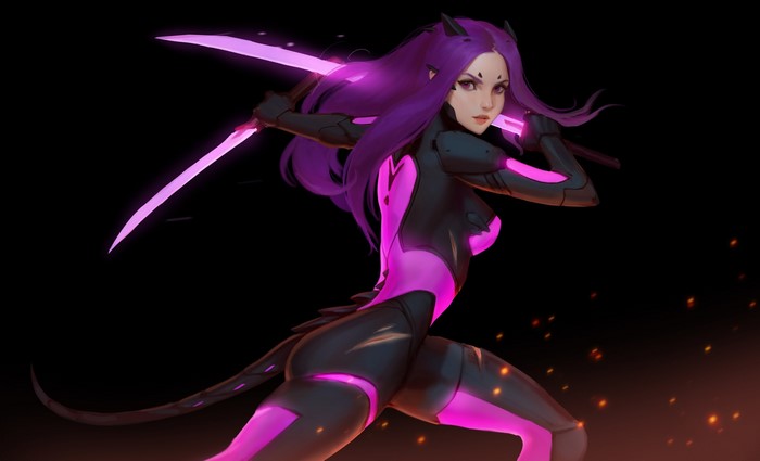 Female warrior with purple hair and glowing swords