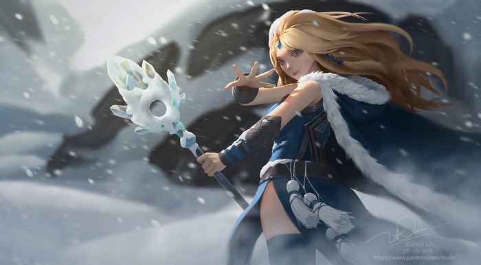 Crystal Maiden from Dota 2 in a snowy landscape