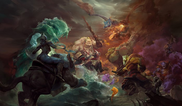Dota 2 characters in a chaotic battle scene