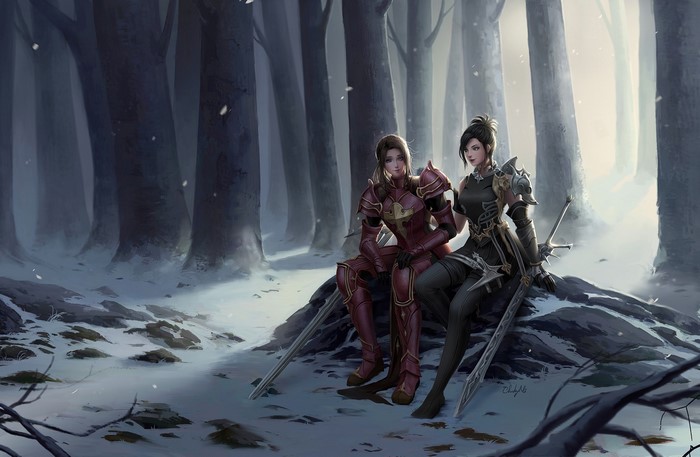 Two female warriors in a snowy forest with swords