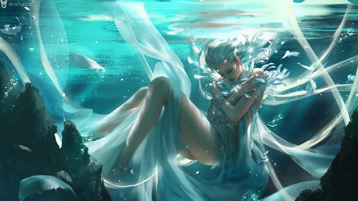 Fantasy Girl Underwater in Turquoise Light