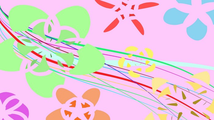 Colorful abstract flowers and lines on pink background