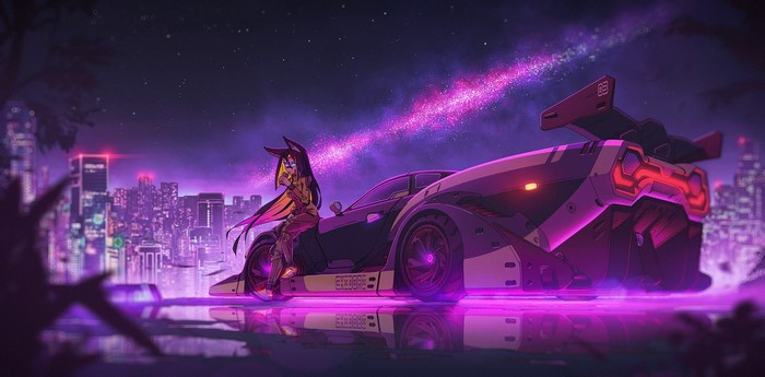 Anime girl with animal ears and a futuristic race car at night