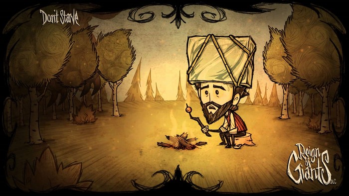 Wilson from Don't Starve cooking over a campfire