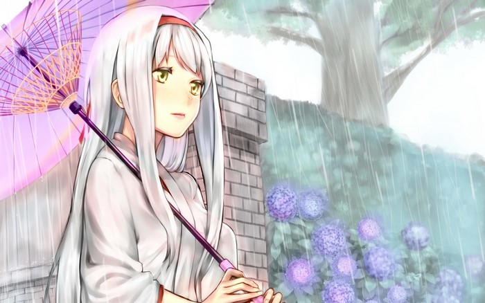 Shoukaku from KanColle with an umbrella in the rain
