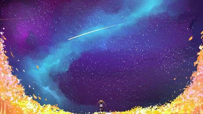 Anime girl looking at a starry sky with a shooting star
