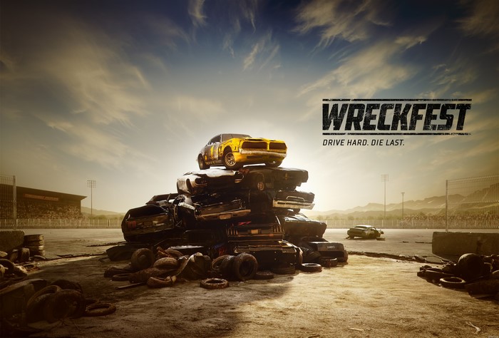 Wreckfest video game poster with crashed cars