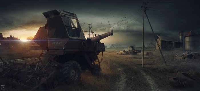 S.T.A.L.K.E.R. video game art of abandoned farm equipment