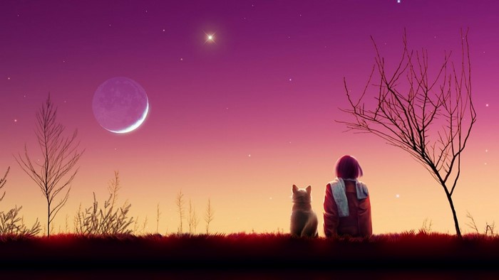 Girl and dog watching the crescent moon and stars