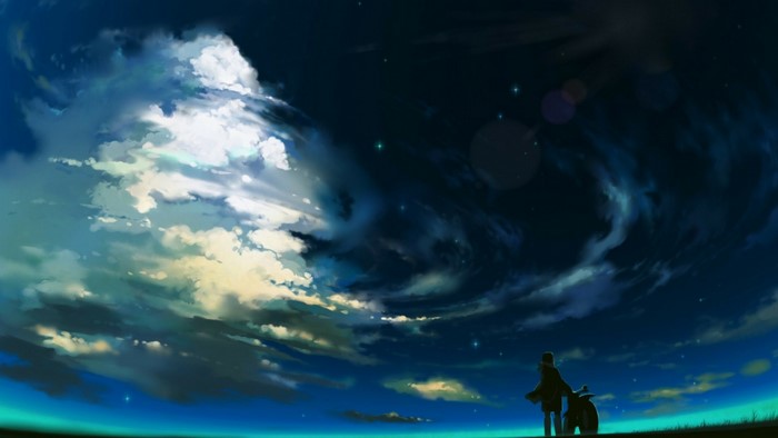 Kino's Journey anime boy with motorcycle under starry sky