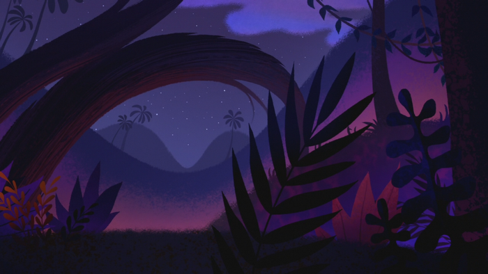 Dark jungle at night with stars and palm trees