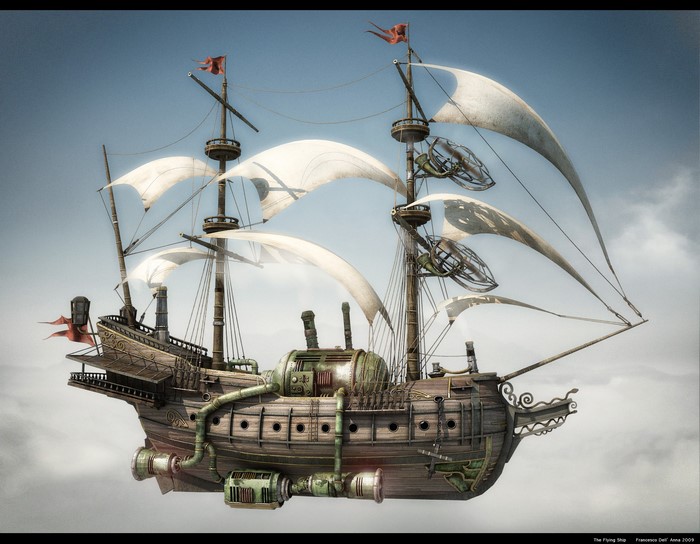 Steampunk flying ship sailing through clouds