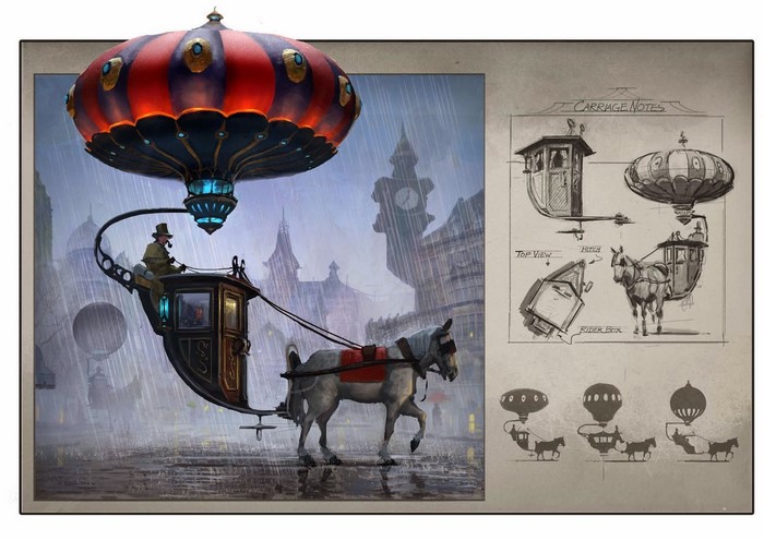 Steampunk horse-drawn carriage with a balloon in the rain