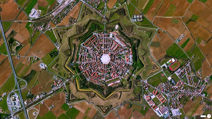 Aerial view of Palmanova, Italy, a star-shaped fortress town