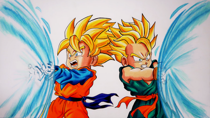 Gotenks from Dragon Ball Z performing Kamehameha