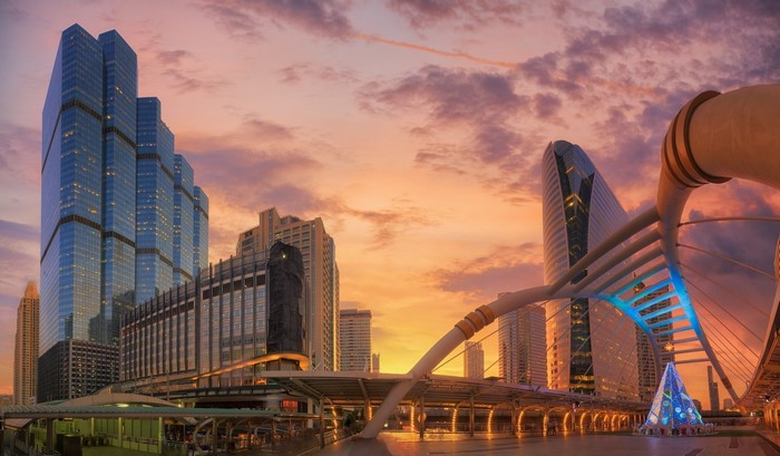 Bangkok cityscape at sunset with Chong Nonsi Skywalk