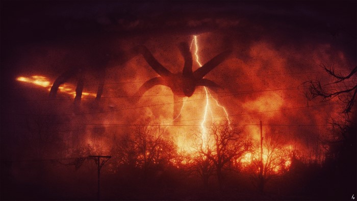 Demogorgon from Stranger Things during a lightning storm