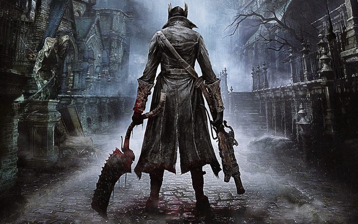 Hunter from Bloodborne holding weapons in a gothic city