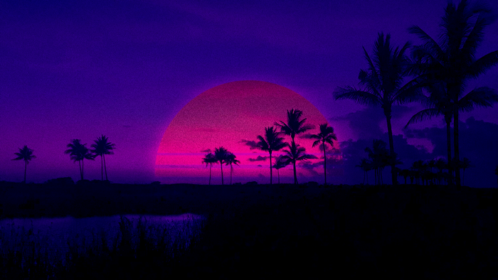 Retrowave sunset with palm trees and ocean