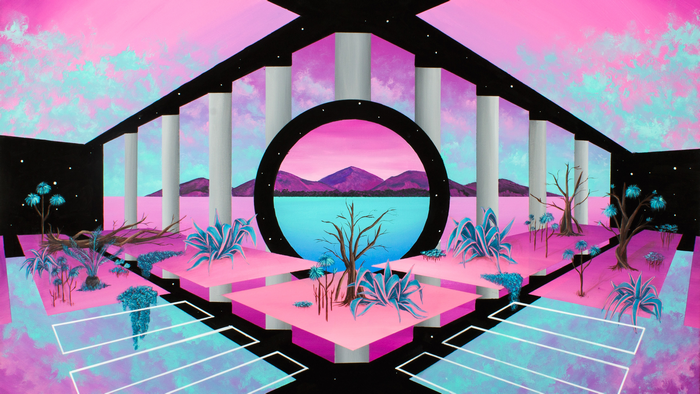 Surreal landscape with pink and cyan clouds and geometric architecture