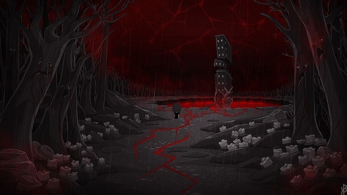 Bear With Me: A dark, surreal forest with a broken building