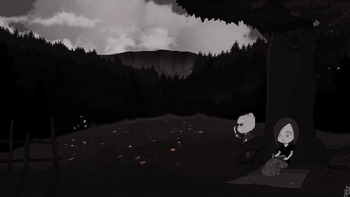 Bear With Me: A girl reads under a tree while a bear smokes