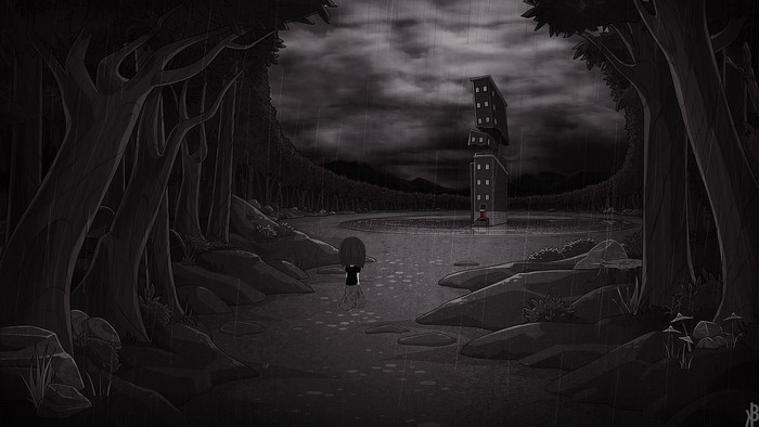 Bear With Me: A girl in the rain near a surreal building