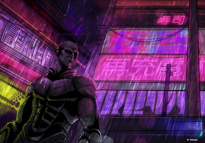 Cyborg in a rainy neon-lit futuristic city