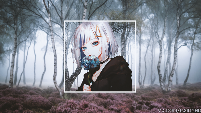 Anime girl with blue flowers in a foggy forest