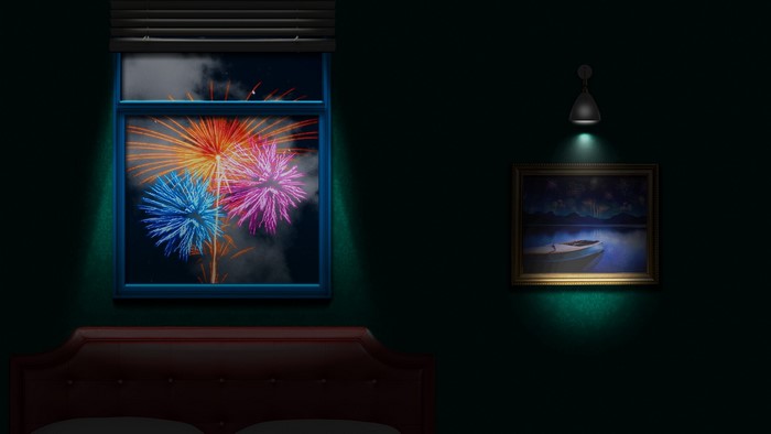 Fireworks seen through a window above a bed, painting of a boat