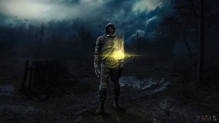 Stalker holding a glowing artifact in a dark forest