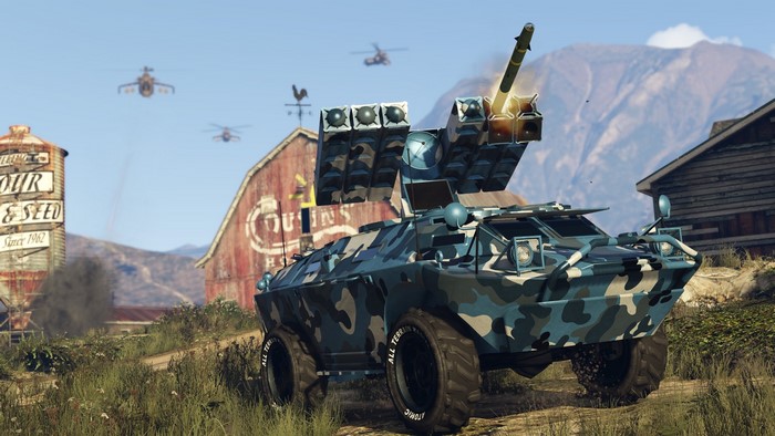 Mobile anti-aircraft vehicle firing missile in Grand Theft Auto V