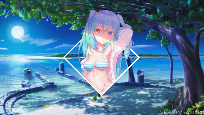 Anime girl in bikini on beach at night