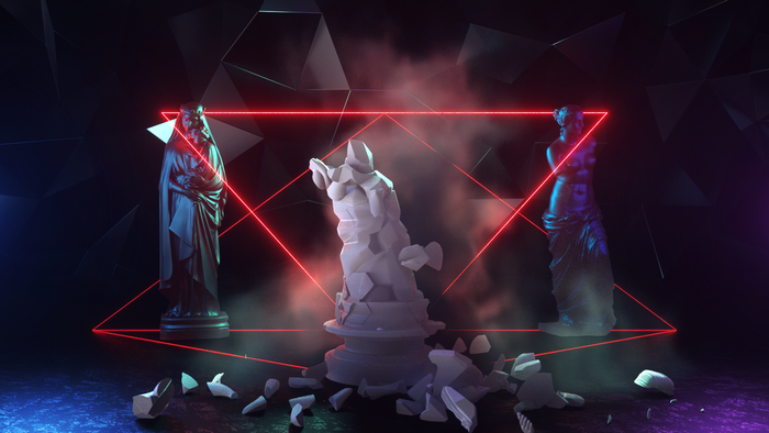 Three statues within a neon triangle